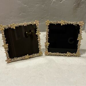 Vintage Set Of 2 Silver Cream Floral Enameled Rhinestone Metal Photo Frame 5x5